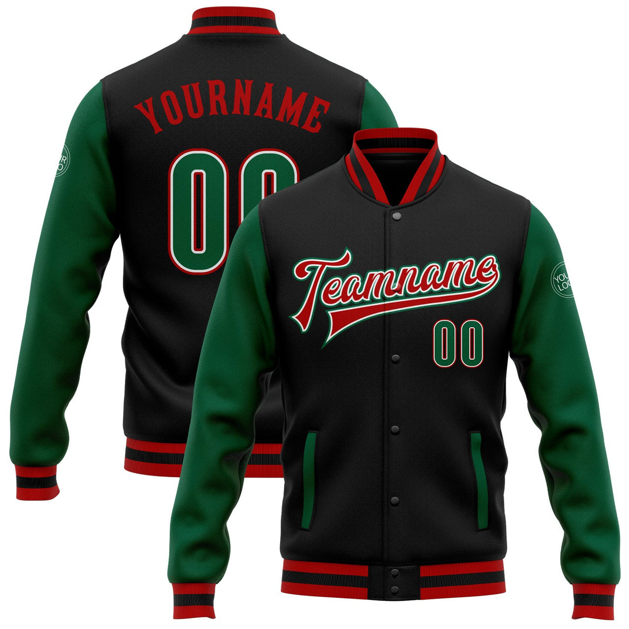 FUNSTUFFPRINT Custom Black Kelly Green-Red Bomber Full-Snap Varsity Letterman Two Tone Jacket 3D Baseball Jacket