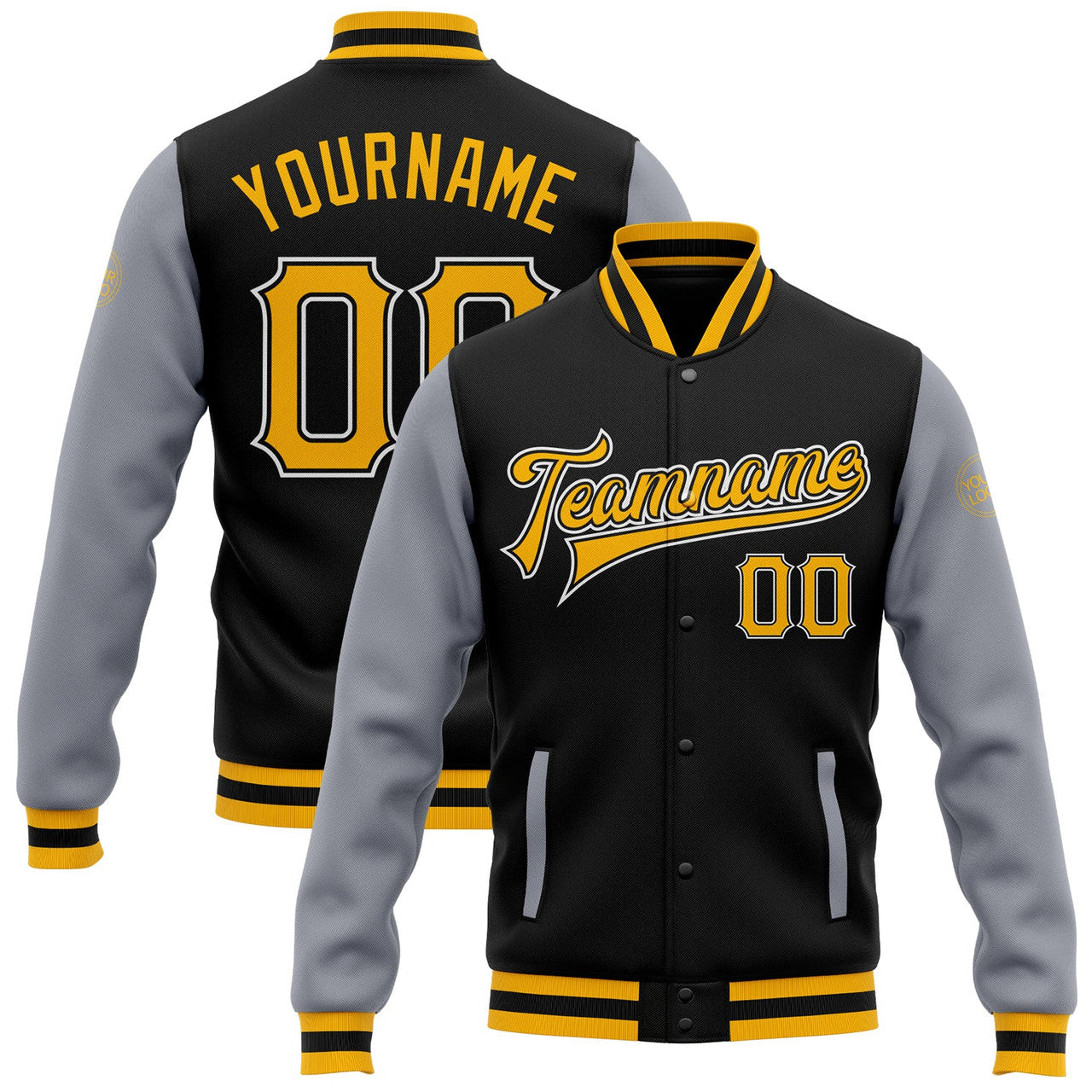 FUNSTUFFPRINT Custom Black Gold-Gray Bomber Full-Snap Varsity Letterman Two Tone Jacket 3D Baseball Jacket