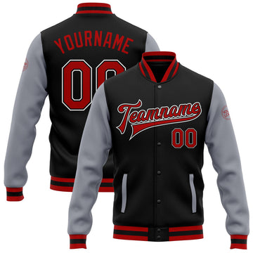 FUNSTUFFPRINT Custom Black Red-Gray Bomber Full-Snap Varsity Letterman Two Tone Jacket 3D Baseball Jacket