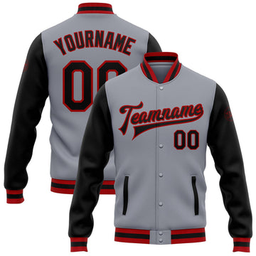 FUNSTUFFPRINT Custom Gray Black-Red Bomber Full-Snap Varsity Letterman Two Tone Jacket 3D Baseball Jacket
