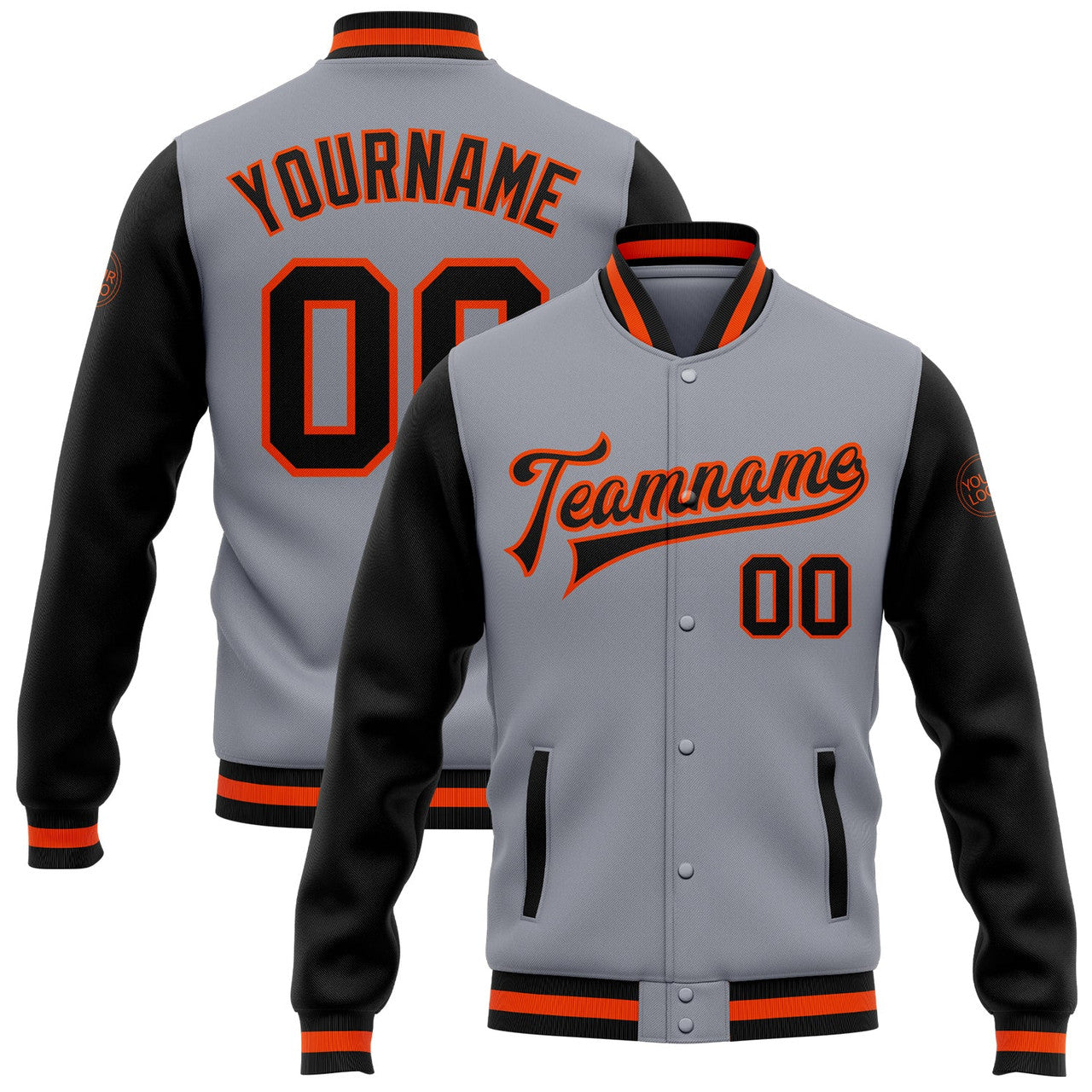 FUNSTUFFPRINT Custom Gray Black-Orange Bomber Full-Snap Varsity Letterman Two Tone Jacket 3D Baseball Jacket