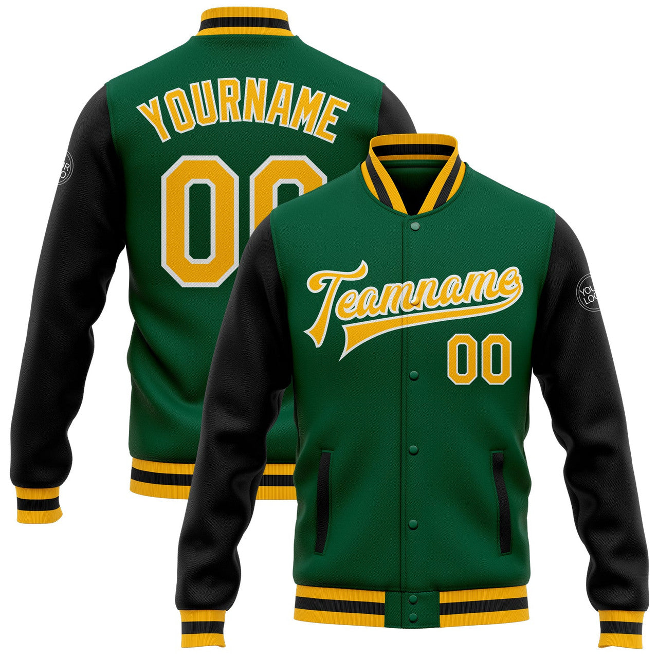 FUNSTUFFPRINT Custom Kelly Green Gold-White Bomber Full-Snap Varsity Letterman Two Tone Jacket 3D Baseball Jacket