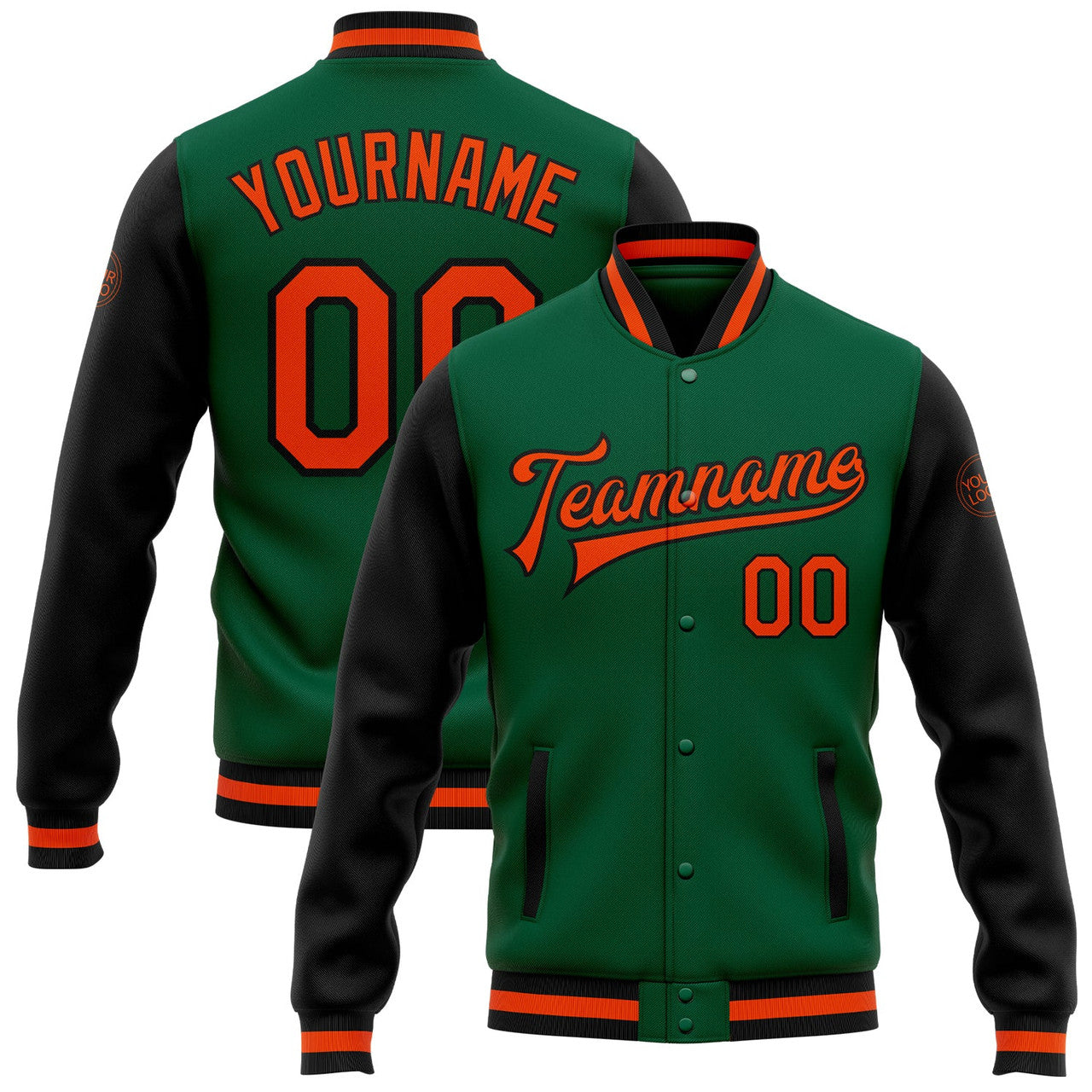FUNSTUFFPRINT Custom Kelly Green Orange-Black Bomber Full-Snap Varsity Letterman Two Tone Jacket 3D Baseball Jacket