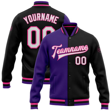 FUNSTUFFPRINT Custom Black White Purple-Pink Bomber Full-Snap Varsity Letterman Split Fashion Jacket 3D Baseball Jacket