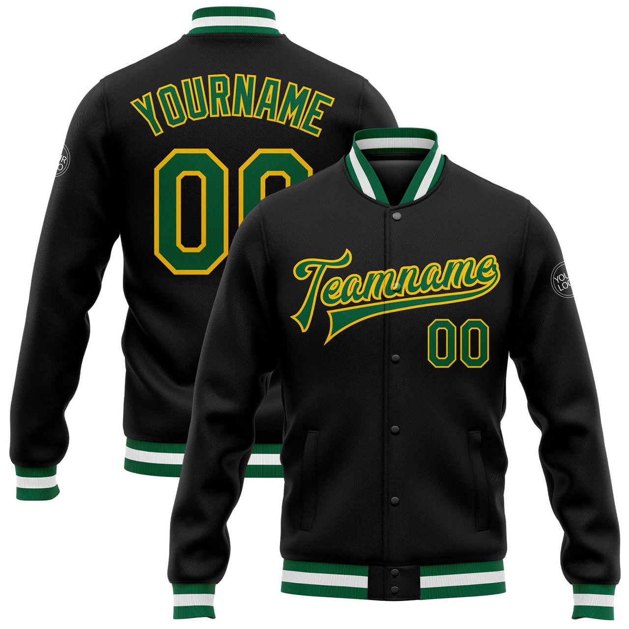 FUNSTUFFPRINT Custom Black Kelly Green-Yellow Bomber Full-Snap Varsity Letterman Jacket 3D Baseball Jacket