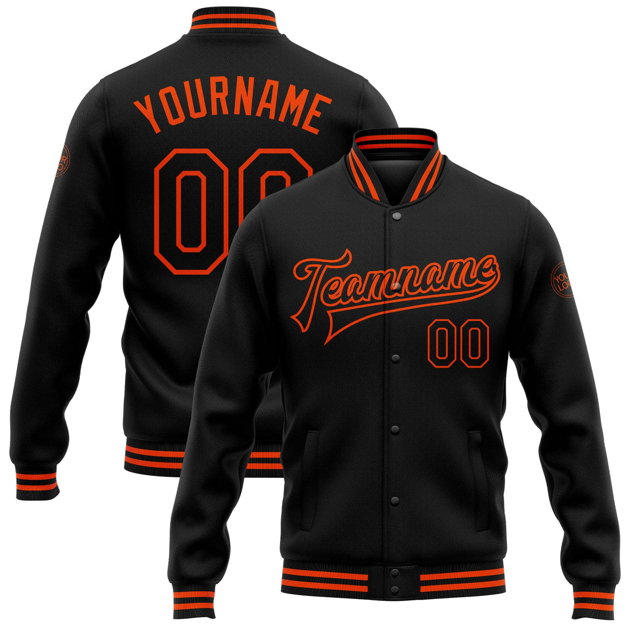 FUNSTUFFPRINT Custom Black Orange Bomber Full-Snap Varsity Letterman Jacket 3D Baseball Jacket
