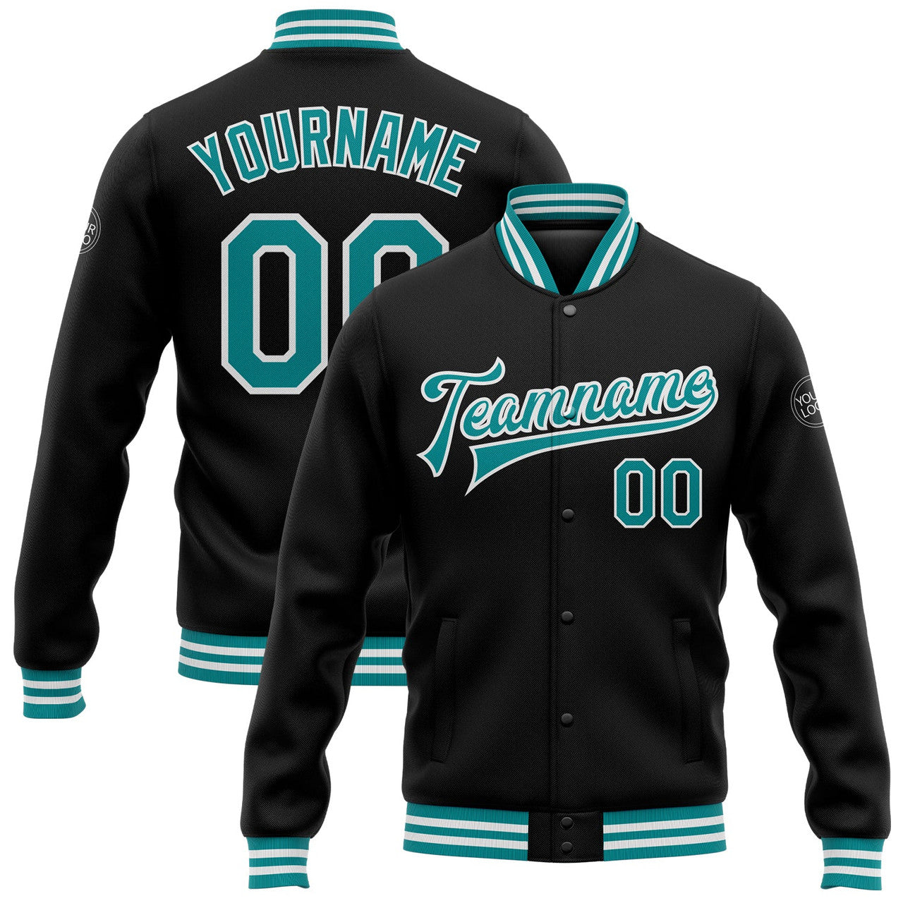 FUNSTUFFPRINT Custom Black Teal-White Bomber Full-Snap Varsity Letterman Jacket 3D Baseball Jacket