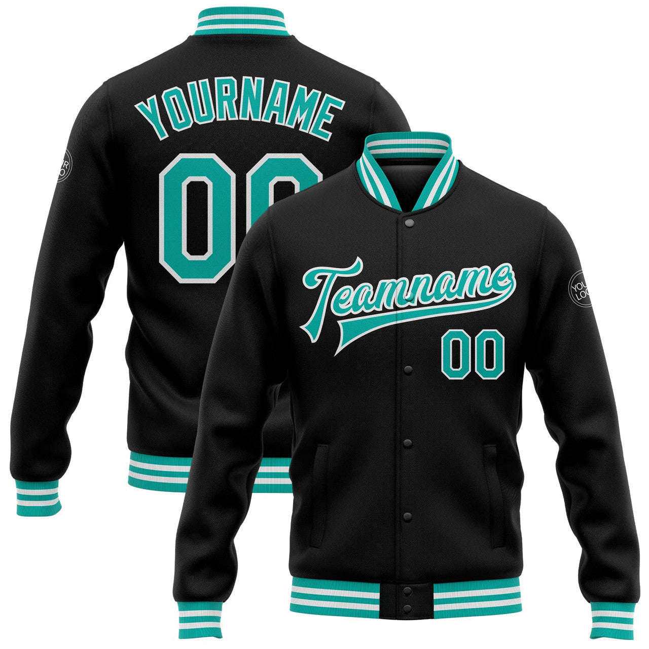 FUNSTUFFPRINT Custom Black Aqua-White Bomber Full-Snap Varsity Letterman Jacket 3D Baseball Jacket