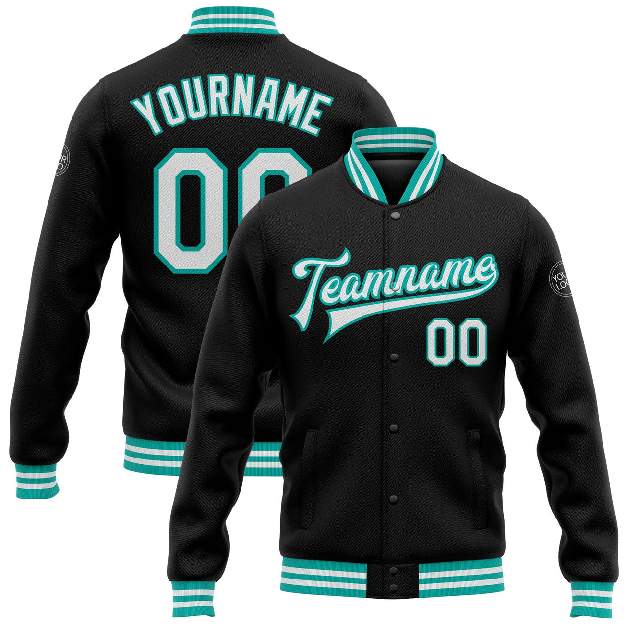 FUNSTUFFPRINT Custom Black White-Aqua Bomber Full-Snap Varsity Letterman Jacket 3D Baseball Jacket