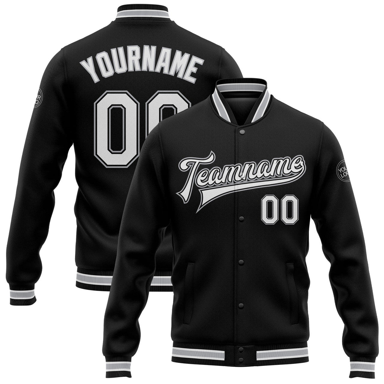 FUNSTUFFPRINT Custom Black White-Gray Bomber Full-Snap Varsity Letterman Jacket 3D Baseball Jacket
