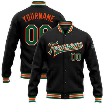 FUNSTUFFPRINT Custom Black Kelly Green-Orange Bomber Full-Snap Varsity Letterman Jacket 3D Baseball Jacket