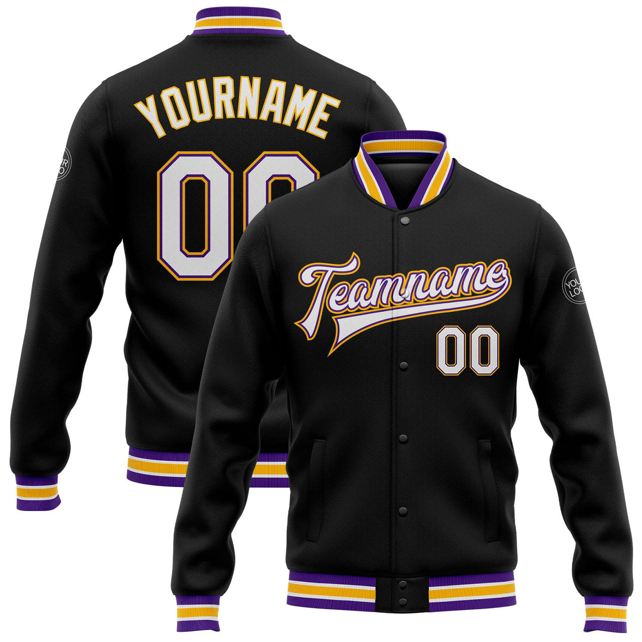FUNSTUFFPRINT Custom Black White Purple-Gold Bomber Full-Snap Varsity Letterman Jacket 3D Baseball Jacket