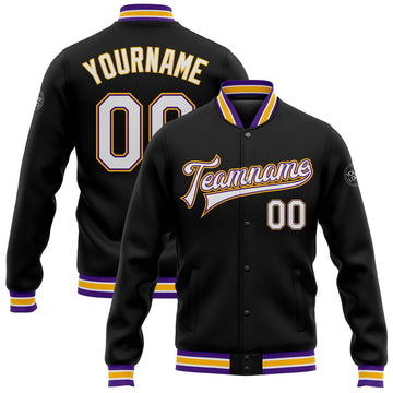 FUNSTUFFPRINT Custom Black White Purple-Gold Bomber Full-Snap Varsity Letterman Jacket 3D Baseball Jacket
