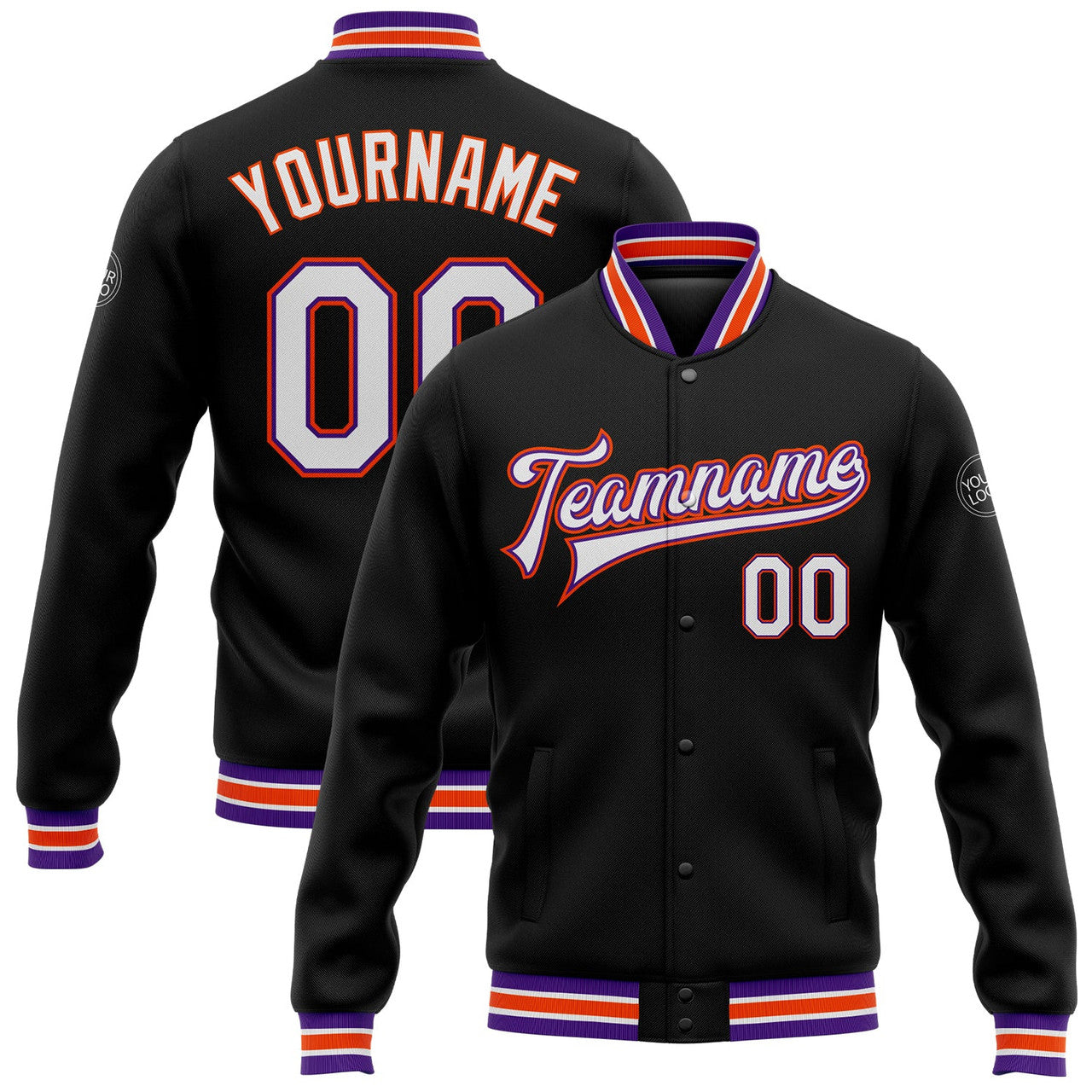 FUNSTUFFPRINT Custom Black White Purple-Orange Bomber Full-Snap Varsity Letterman Jacket 3D Baseball Jacket