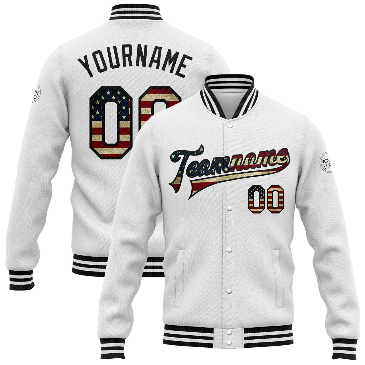 FUNSTUFFPRINT Custom White Vintage USA Flag-Black Bomber Full-Snap Varsity Letterman Jacket 3D Baseball Jacket