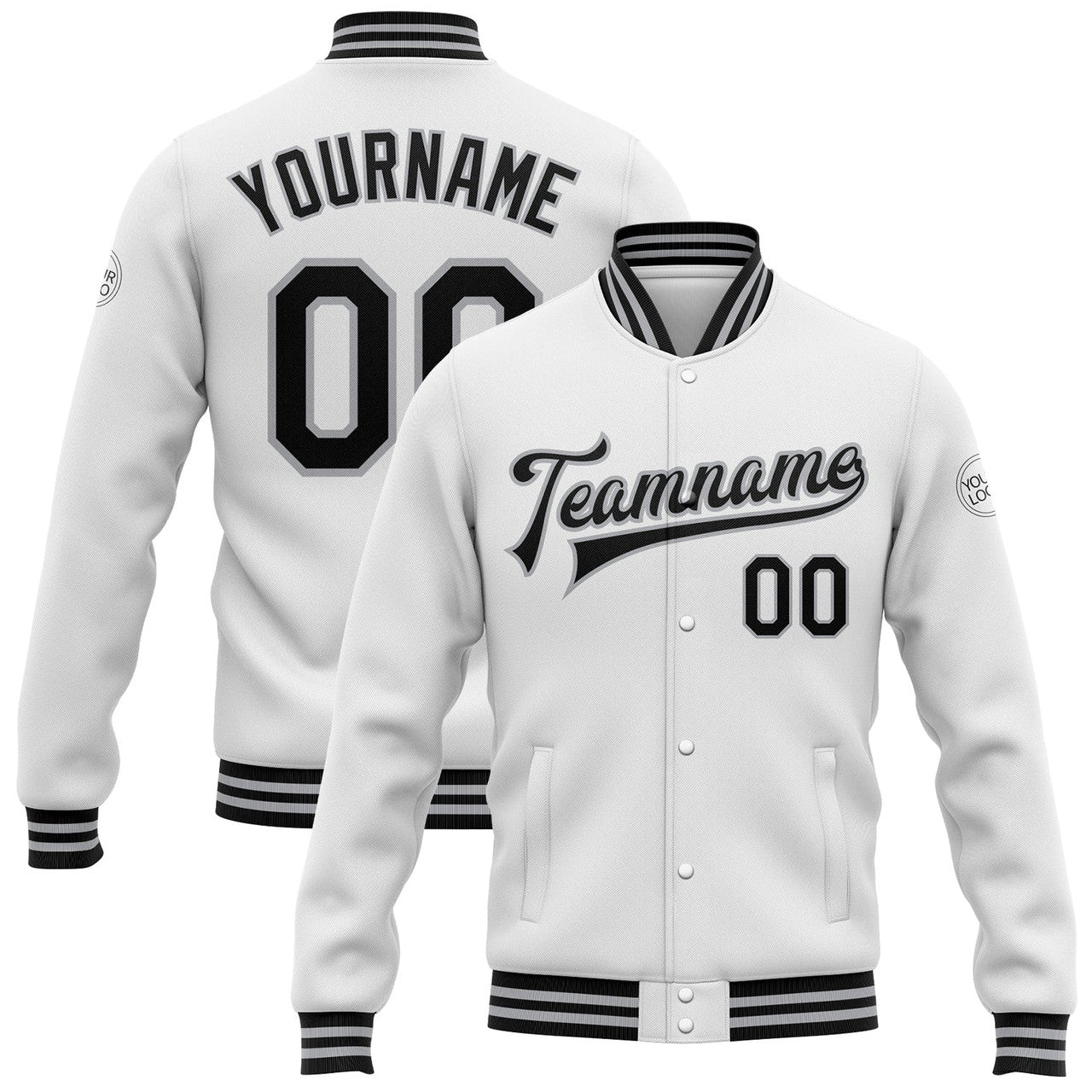 FUNSTUFFPRINT Custom White Black-Gray Bomber Full-Snap Varsity Letterman Jacket 3D Baseball Jacket