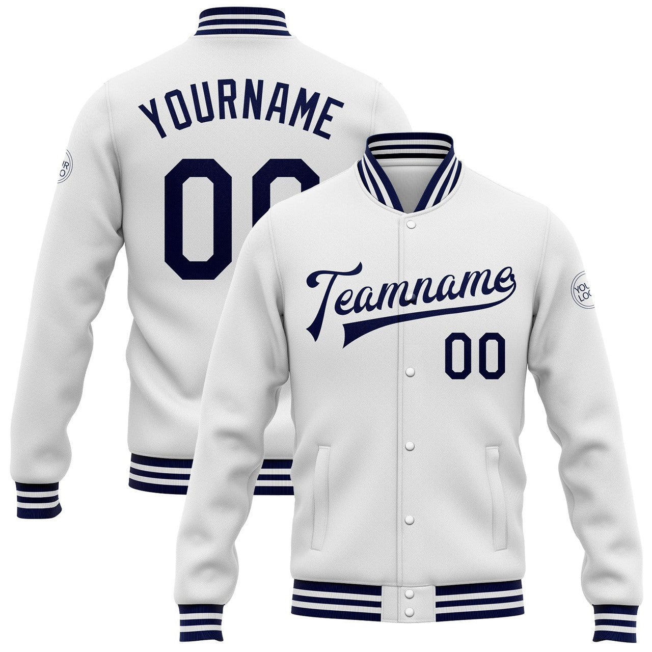 FUNSTUFFPRINT Custom White Navy Bomber Full-Snap Varsity Letterman Jacket 3D Baseball Jacket