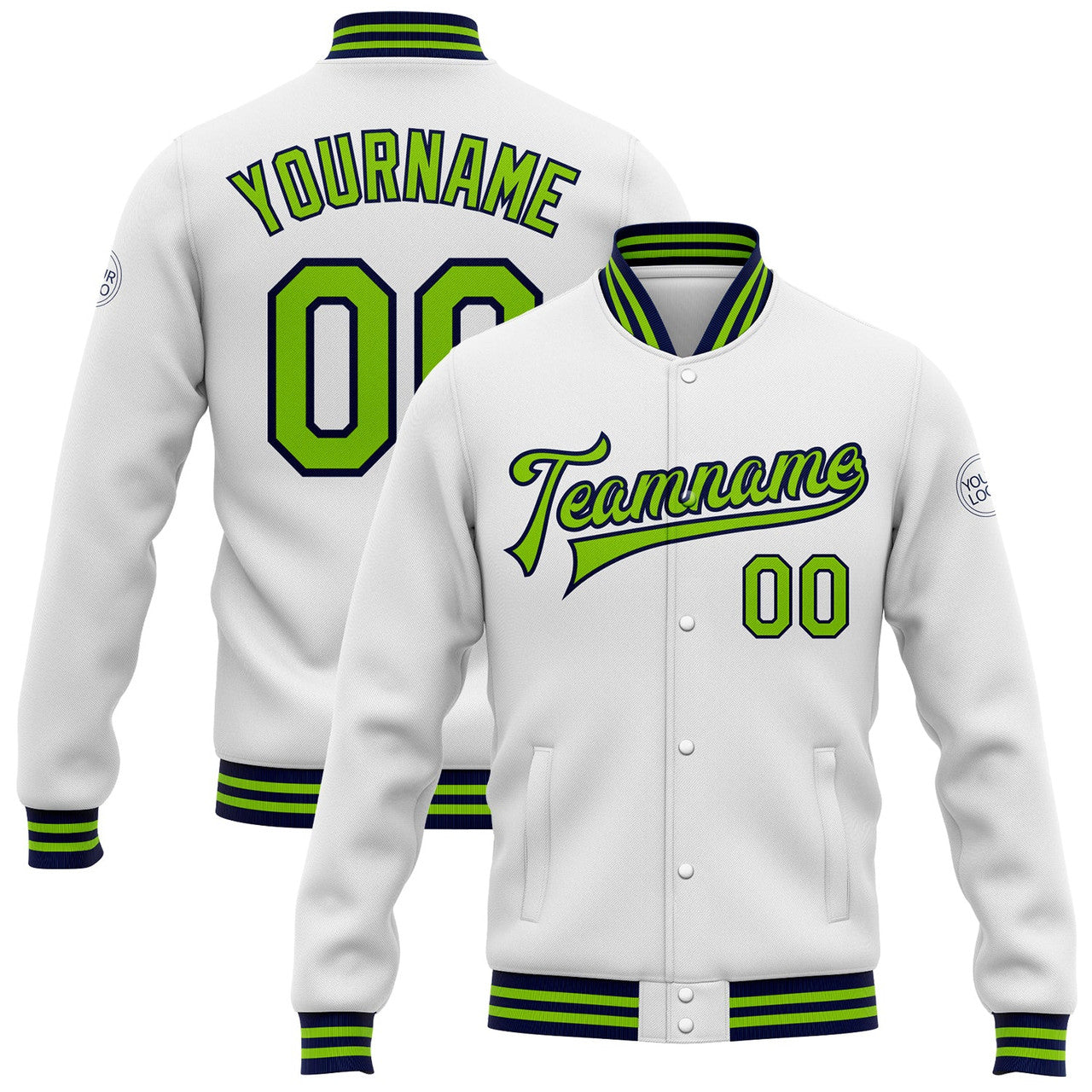 FUNSTUFFPRINT Custom White Neon Green-Navy Bomber Full-Snap Varsity Letterman Jacket 3D Baseball Jacket