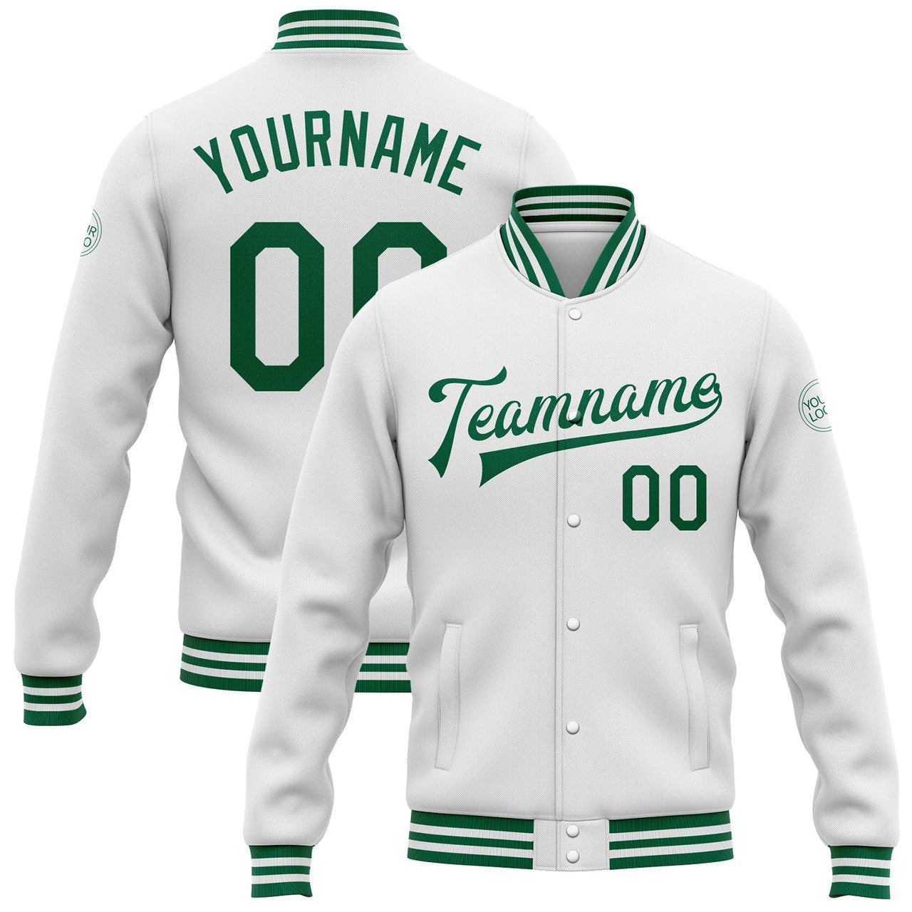 FUNSTUFFPRINT Custom White Kelly Green Bomber Full-Snap Varsity Letterman Jacket 3D Baseball Jacket