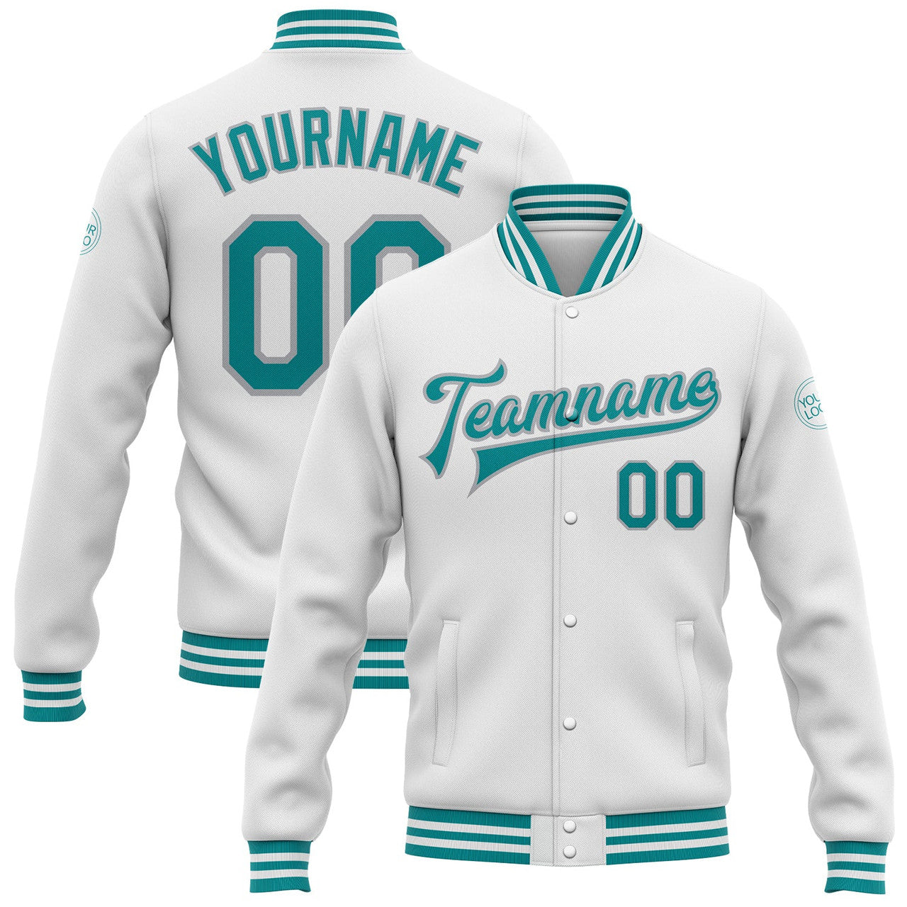 FUNSTUFFPRINT Custom White Teal-Gray Bomber Full-Snap Varsity Letterman Jacket 3D Baseball Jacket