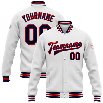 FUNSTUFFPRINT Custom White Navy-Red Bomber Full-Snap Varsity Letterman Jacket 3D Baseball Jacket