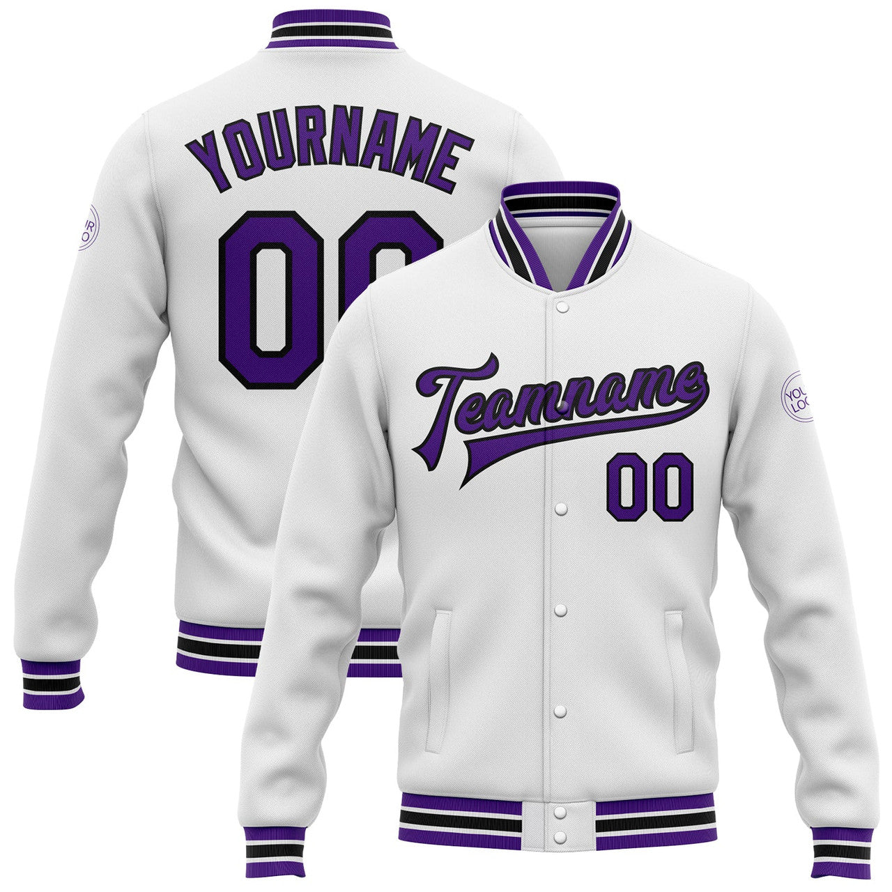 FUNSTUFFPRINT Custom White Purple-Black Bomber Full-Snap Varsity Letterman Jacket 3D Baseball Jacket