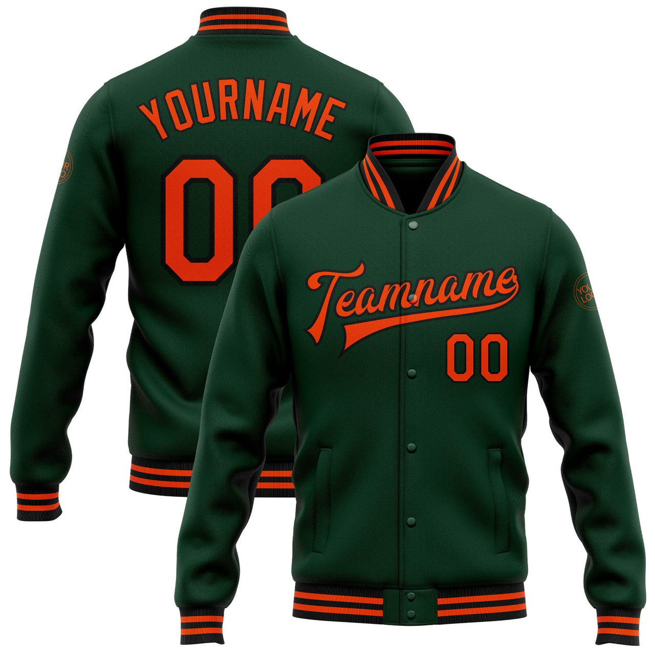 FUNSTUFFPRINT Custom Green Orange-Black Bomber Full-Snap Varsity Letterman Jacket 3D Baseball Jacket