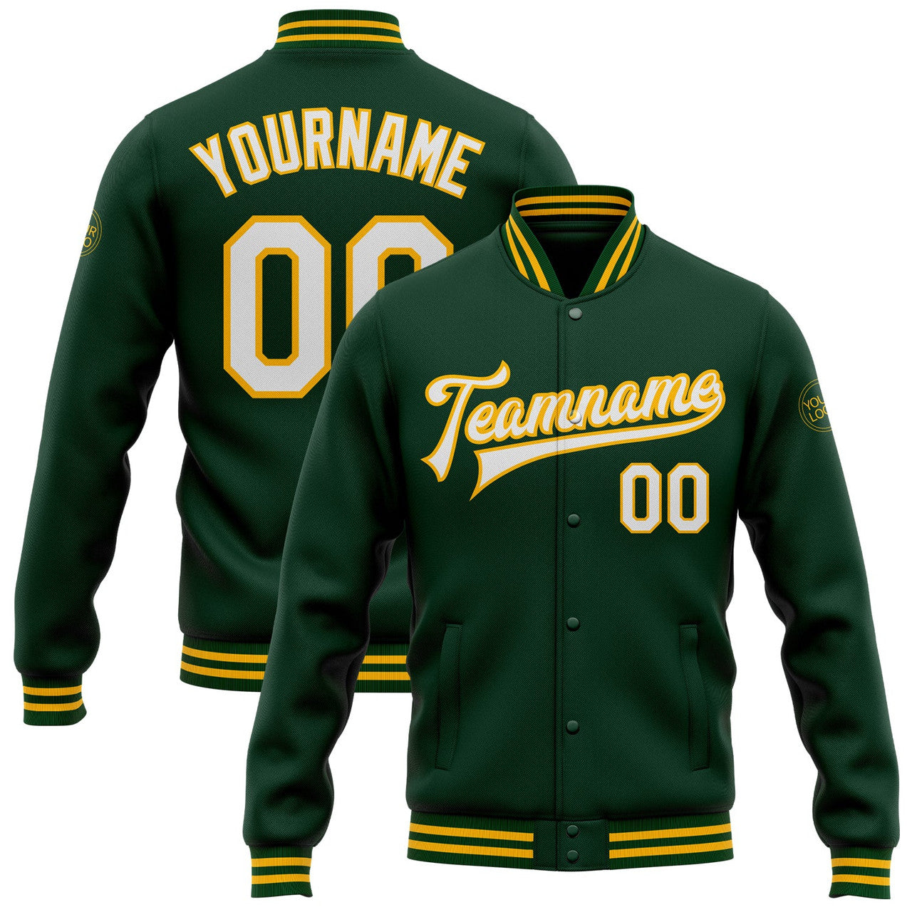 FUNSTUFFPRINT Custom Green White-Gold Bomber Full-Snap Varsity Letterman Jacket 3D Baseball Jacket