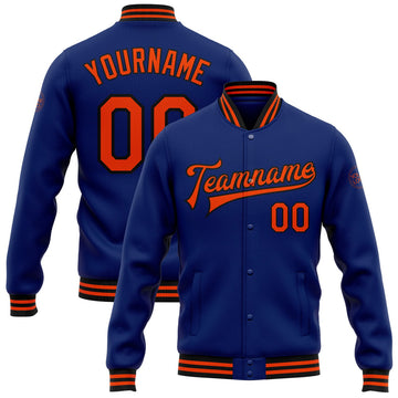 FUNSTUFFPRINT Custom Royal Orange-Black Bomber Full-Snap Varsity Letterman Jacket 3D Baseball Jacket