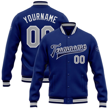 FUNSTUFFPRINT Custom Royal Gray-Navy Bomber Full-Snap Varsity Letterman Jacket 3D Baseball Jacket