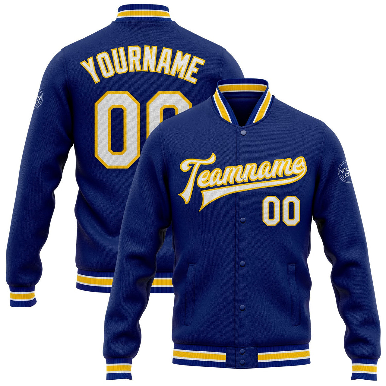 FUNSTUFFPRINT Custom Royal White-Yellow Bomber Full-Snap Varsity Letterman Jacket 3D Baseball Jacket