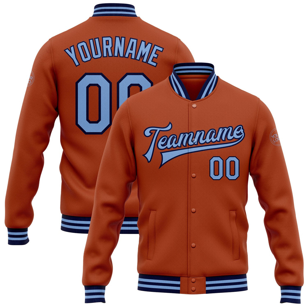 FUNSTUFFPRINT Custom Texas Orange Light Blue-Navy Bomber Full-Snap Varsity Letterman Jacket 3D Baseball Jacket