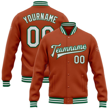FUNSTUFFPRINT Custom Texas Orange White-Kelly Green Bomber Full-Snap Varsity Letterman Jacket 3D Baseball Jacket