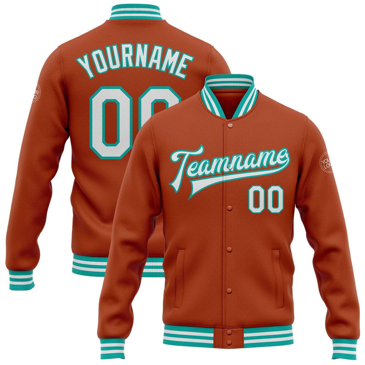 FUNSTUFFPRINT Custom Texas Orange White-Aqua Bomber Full-Snap Varsity Letterman Jacket 3D Baseball Jacket