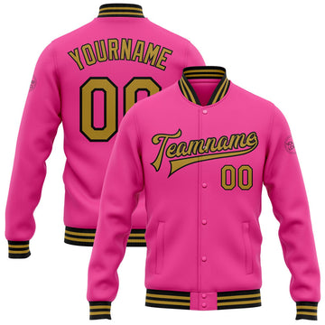 FUNSTUFFPRINT Custom Pink Old Gold-Black Bomber Full-Snap Varsity Letterman Jacket 3D Baseball Jacket
