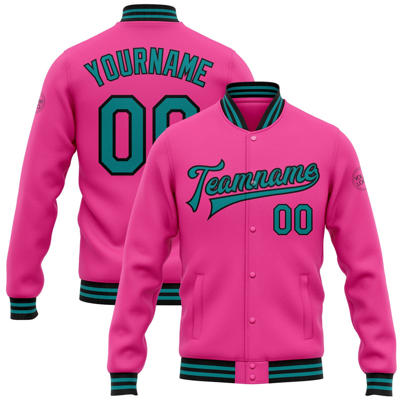 FUNSTUFFPRINT Custom Pink Teal-Black Bomber Full-Snap Varsity Letterman Jacket 3D Baseball Jacket