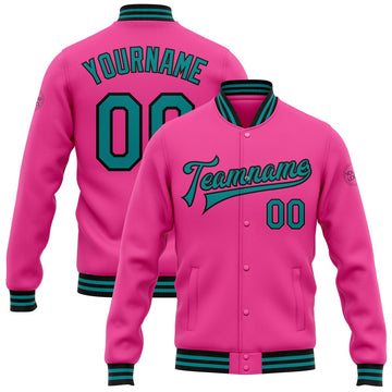 FUNSTUFFPRINT Custom Pink Teal-Black Bomber Full-Snap Varsity Letterman Jacket 3D Baseball Jacket