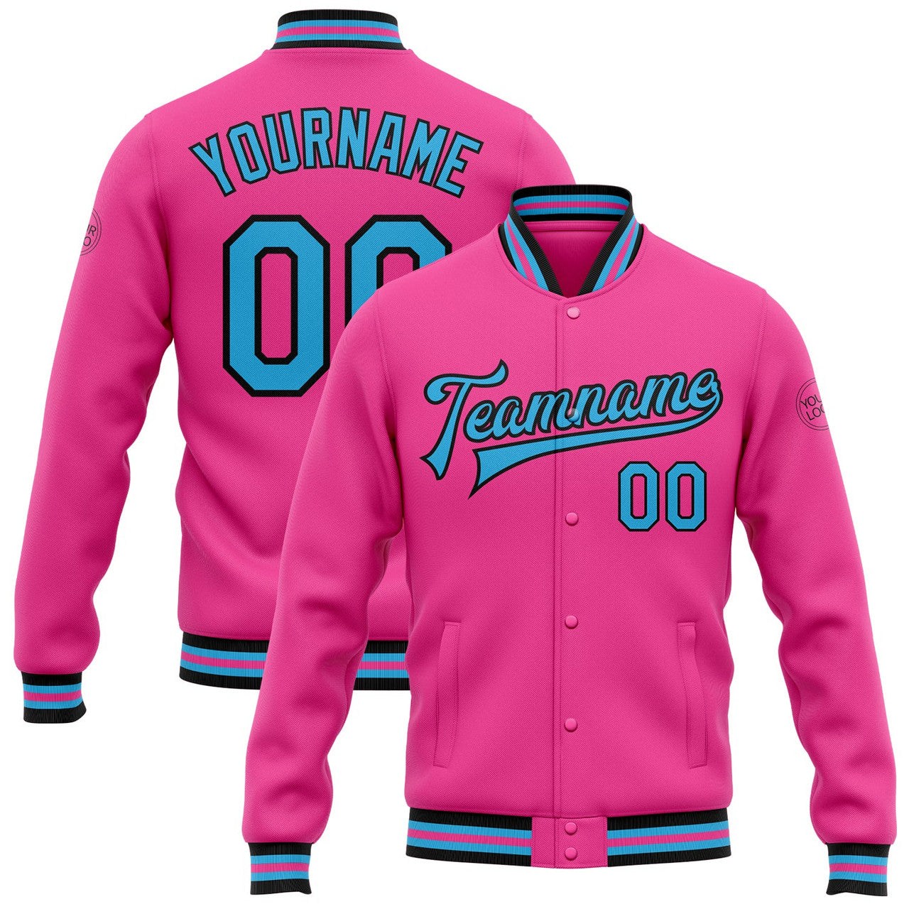 FUNSTUFFPRINT Custom Pink Sky Blue-Black Bomber Full-Snap Varsity Letterman Jacket 3D Baseball Jacket