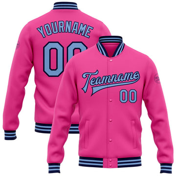 FUNSTUFFPRINT Custom Pink Light Blue-Navy Bomber Full-Snap Varsity Letterman Jacket 3D Baseball Jacket