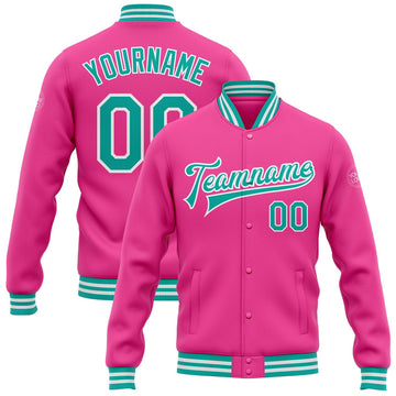 FUNSTUFFPRINT Custom Pink Aqua-White Bomber Full-Snap Varsity Letterman Jacket 3D Baseball Jacket