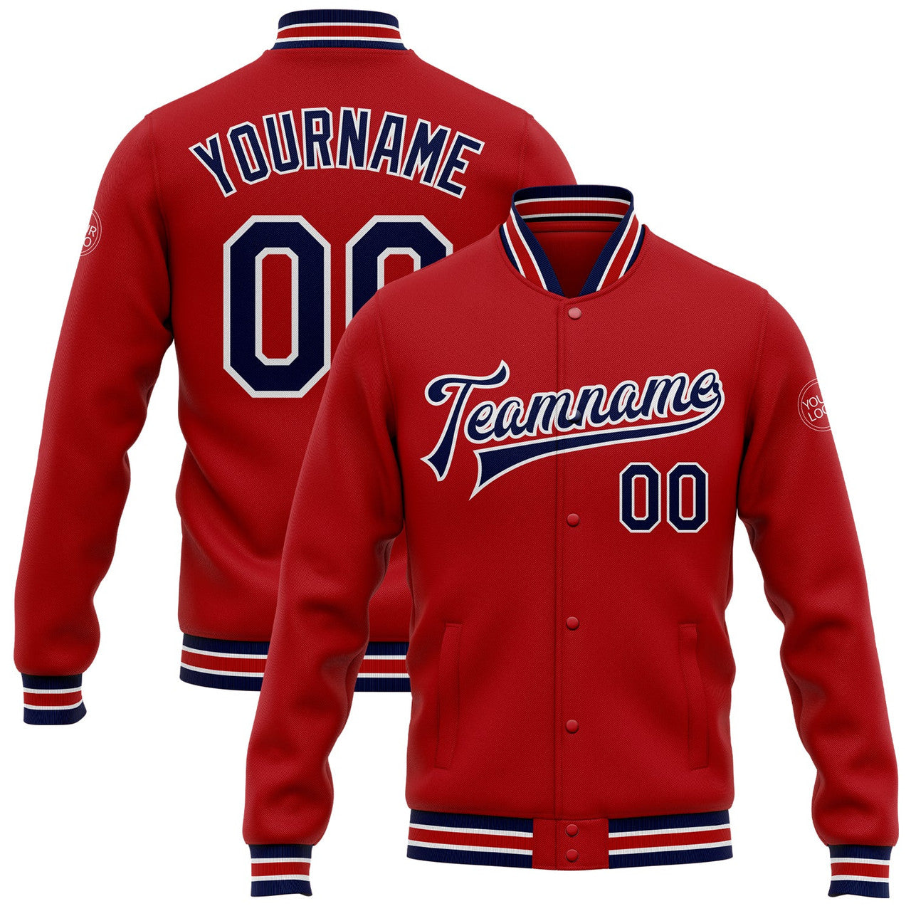 FUNSTUFFPRINT Custom Red Navy-White Bomber Full-Snap Varsity Letterman Jacket 3D Baseball Jacket