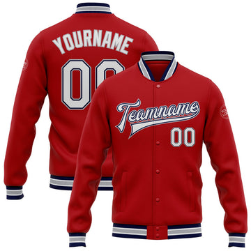 FUNSTUFFPRINT Custom Red White Navy-Gray Bomber Full-Snap Varsity Letterman Jacket 3D Baseball Jacket