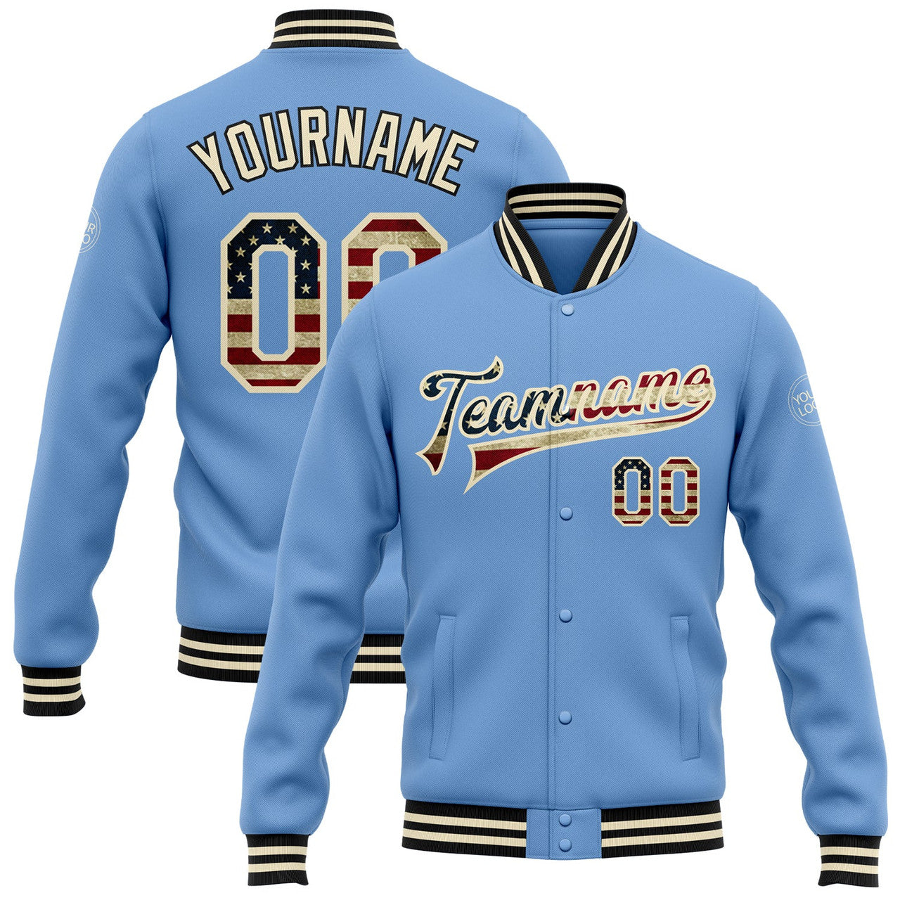 FUNSTUFFPRINT Custom Light Blue Vintage USA Flag Cream-Black Bomber Full-Snap Varsity Letterman Jacket 3D Baseball Jacket
