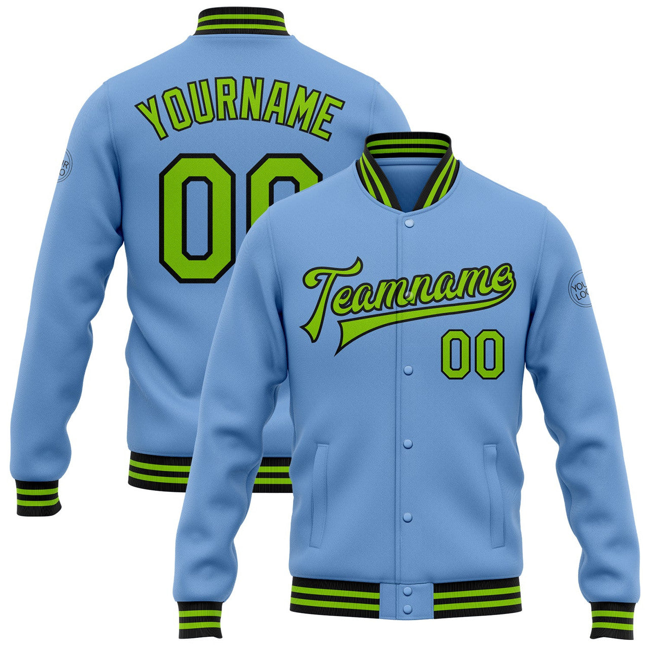 FUNSTUFFPRINT Custom Light Blue Neon Green-Black Bomber Full-Snap Varsity Letterman Jacket 3D Baseball Jacket