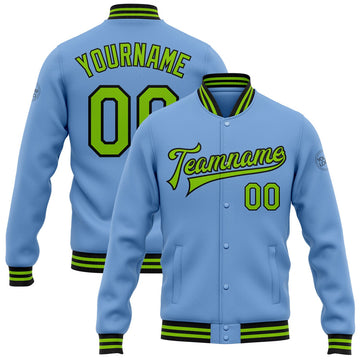 FUNSTUFFPRINT Custom Light Blue Neon Green-Black Bomber Full-Snap Varsity Letterman Jacket 3D Baseball Jacket