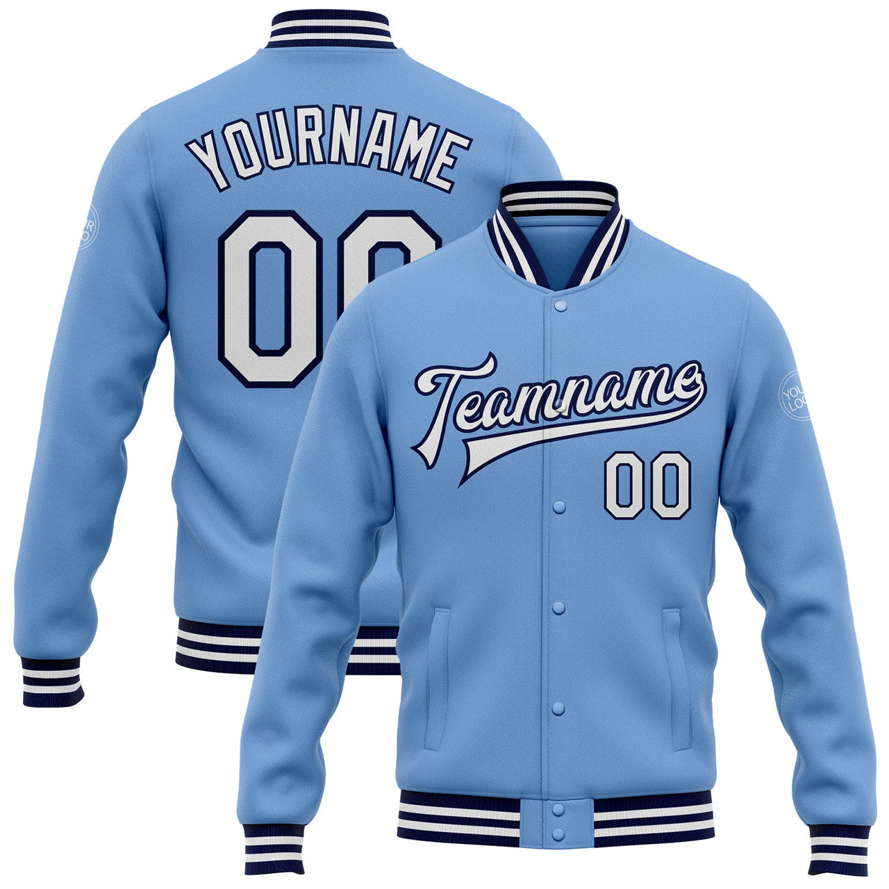 FUNSTUFFPRINT Custom Light Blue White-Navy Bomber Full-Snap Varsity Letterman Jacket 3D Baseball Jacket