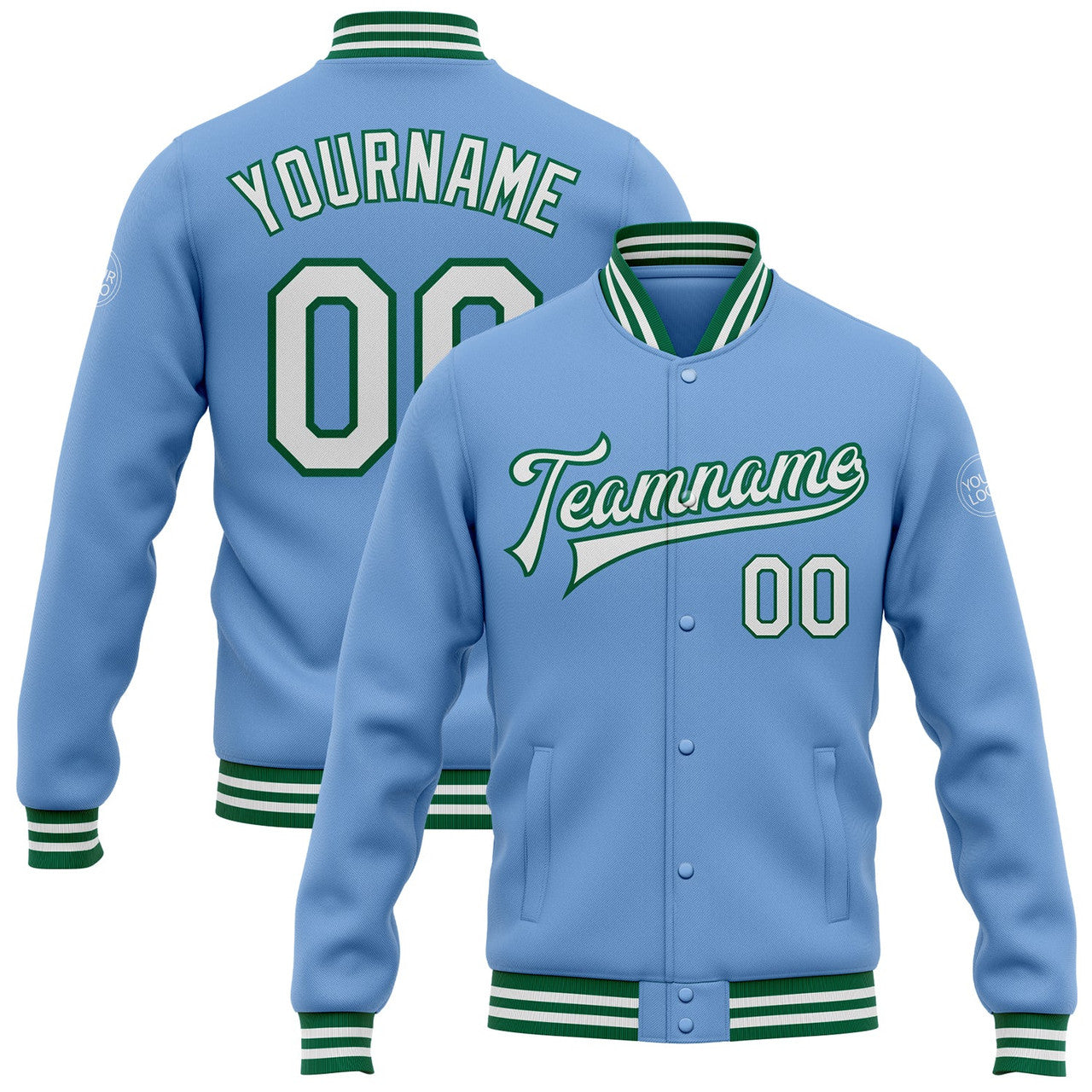 FUNSTUFFPRINT Custom Light Blue White-Kelly Green Bomber Full-Snap Varsity Letterman Jacket 3D Baseball Jacket