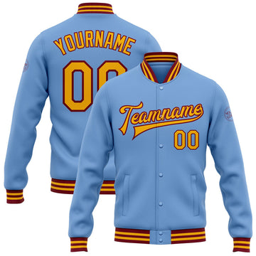 FUNSTUFFPRINT Custom Light Blue Gold-Crimson Bomber Full-Snap Varsity Letterman Jacket 3D Baseball Jacket