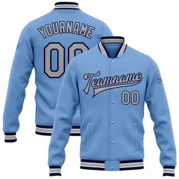 FUNSTUFFPRINT Custom Light Blue Gray-Navy Bomber Full-Snap Varsity Letterman Jacket 3D Baseball Jacket