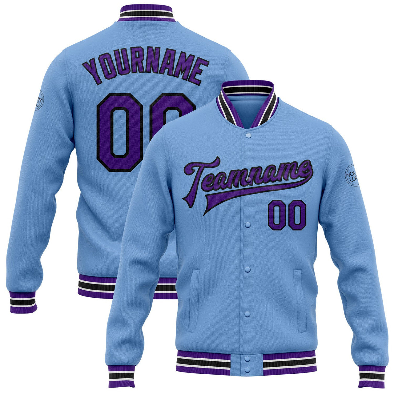 FUNSTUFFPRINT Custom Light Blue Purple-Black Bomber Full-Snap Varsity Letterman Jacket 3D Baseball Jacket